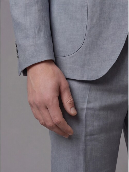 Açık Gri Keten Sivri Yaka Comfort Fit Torba Cep 2 Düğme Takım Elbise