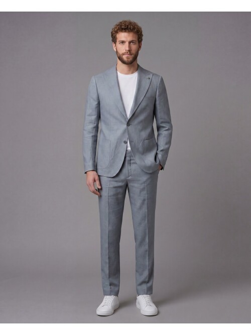 Açık Gri Keten Sivri Yaka Comfort Fit Torba Cep 2 Düğme Takım Elbise