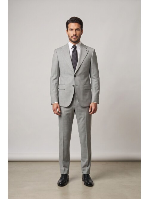 Light Grey Notch Lapel Woolen 2 Button Comfort Fit Suit
