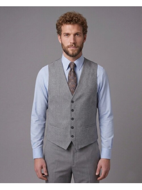 Açık Gri Sivri Yaka Çift Düğmeli Slim Fit Yelekli Takım Elbise