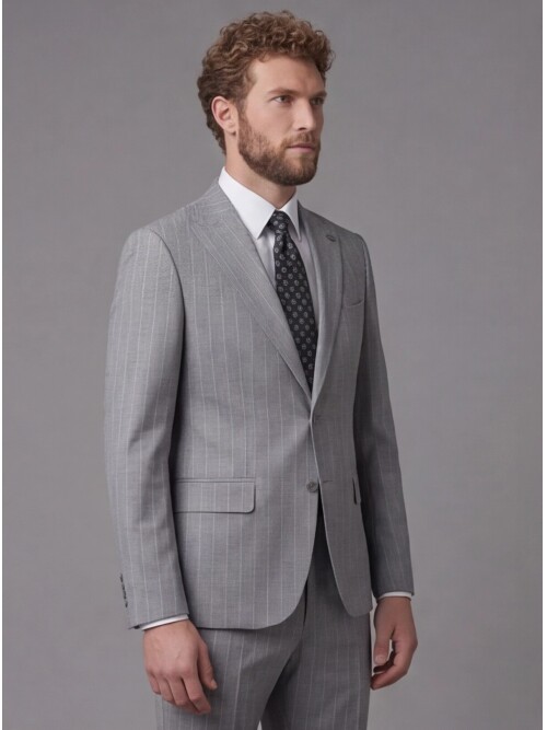 Açık Gri Sivri Yaka Slim Fit Çizgili Takım Elbise