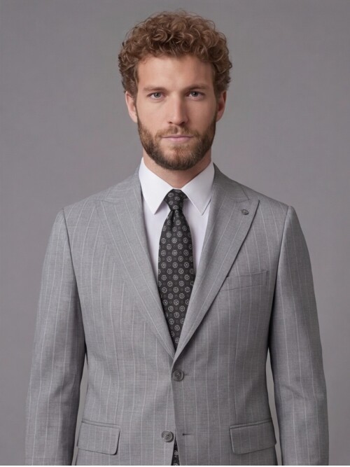 Açık Gri Sivri Yaka Slim Fit Çizgili Takım Elbise