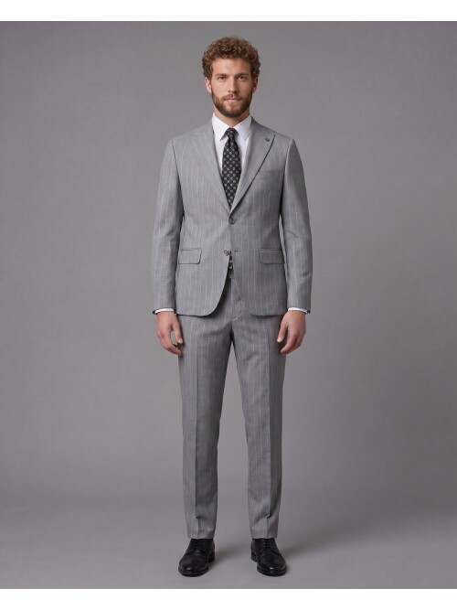Açık Gri Sivri Yaka Slim Fit Çizgili Takım Elbise