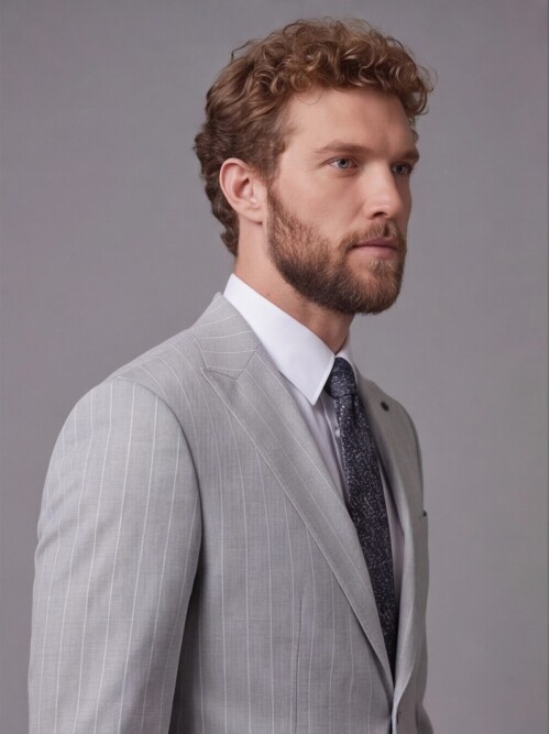 Açık Gri Sivri Yaka Slim Fit Çizgili Takım Elbise