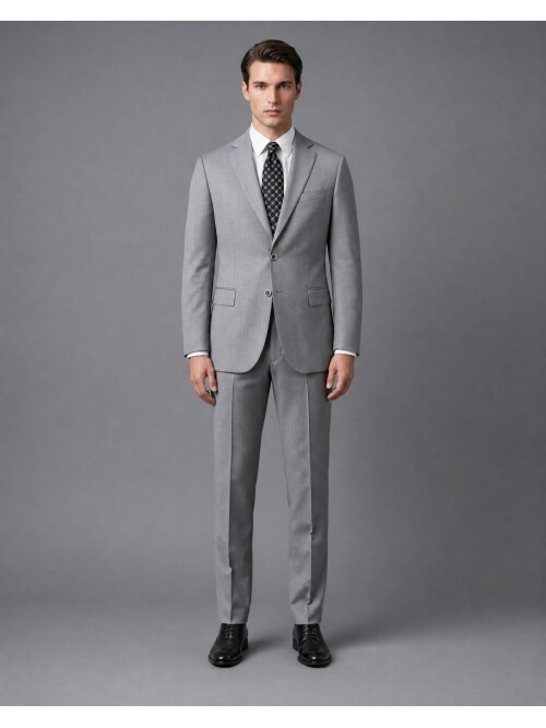 Light Grey Wool Regular Fit 2-Button Suit with Notch Lapel
