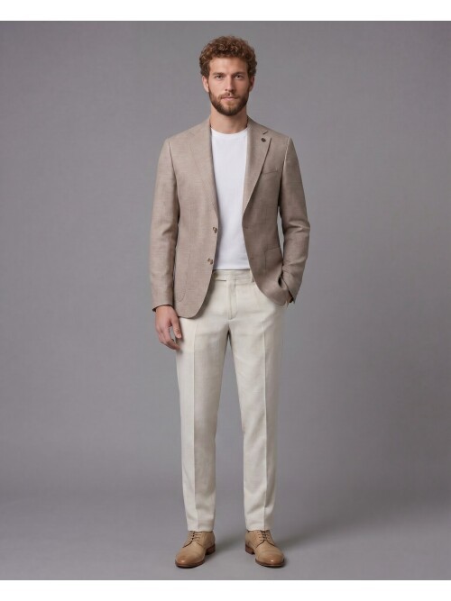 Açık Kahverengi Ceket Bej Pantolon Kombinli Slim Fit Takım Elbise