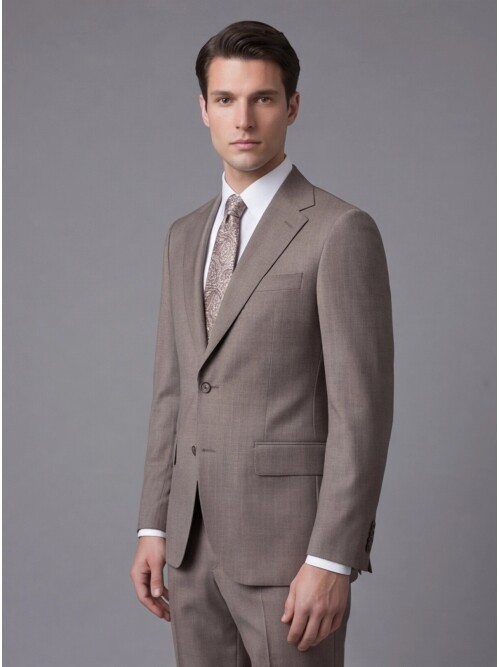 Açık Kahverengi Çizgili Yünlü Mono Yaka Regular Fit Takım Elbise