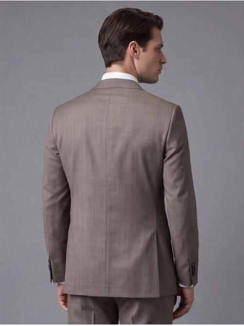 Açık Kahverengi Çizgili Yünlü Mono Yaka Regular Fit Takım Elbise