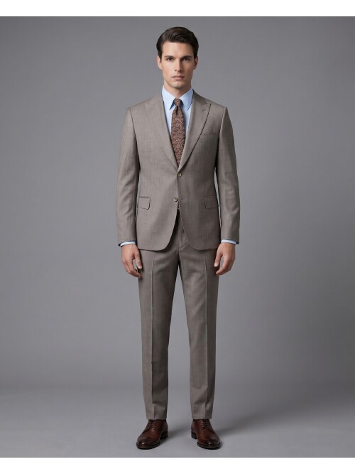 Açık Kahverengi Çizgili Yünlü Sivri Yaka Regular Fit Takım Elbise