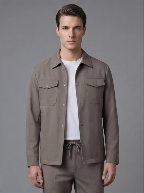 Light Brown Comfort Fit Shirt Collar Safari Pocket Sporty Suit