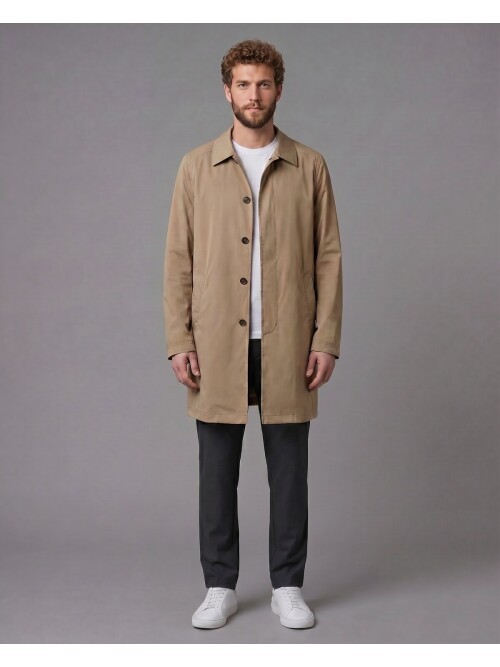 Açık Kahverengi Gömlek Yaka Beş Düğmeli Comfort Fit Tam Astarlı Yağmurluk