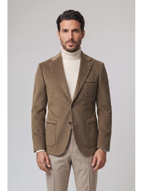 Açık Kahverengi Kadife Mono Yaka Slim Fit Ceket