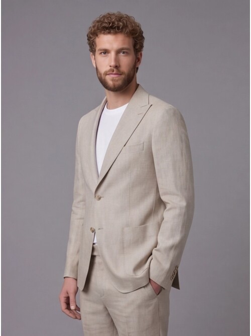 Açık Kahverengi Keten Sivri Yaka Comfort Fit Torba Cep 2 Düğme Takım Elbise