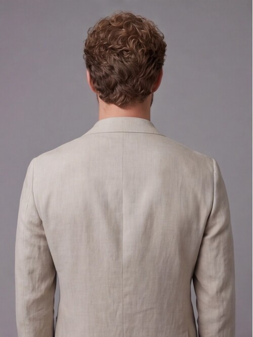 Açık Kahverengi Keten Sivri Yaka Comfort Fit Torba Cep 2 Düğme Takım Elbise