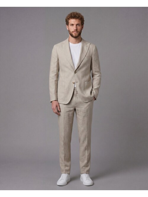 Açık Kahverengi Keten Sivri Yaka Comfort Fit Torba Cep 2 Düğme Takım Elbise