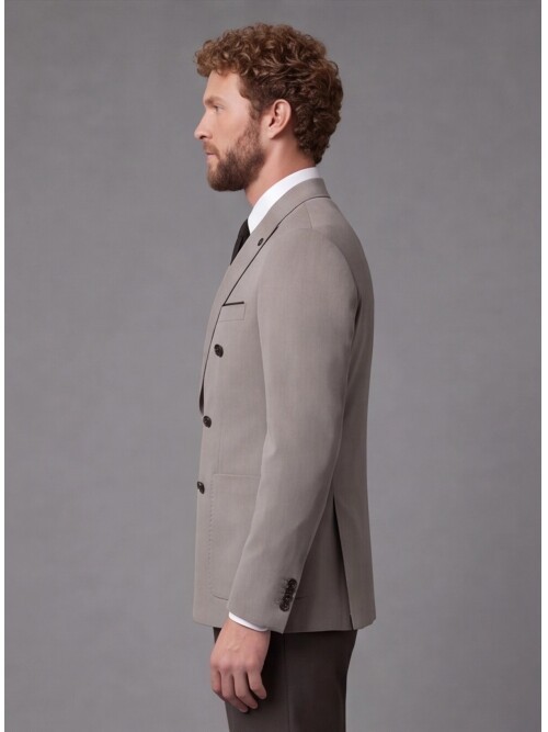 Light Brown Double-Breasted Jacket Dark Brown Trousers Combined Slim Fit Suit