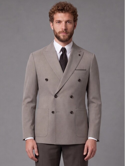 Light Brown Double-Breasted Jacket Dark Brown Trousers Combined Slim Fit Suit