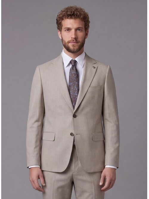 Açık Kahverengi Mono Yaka Comfort Fit 2 Düğmeli Takım Elbise