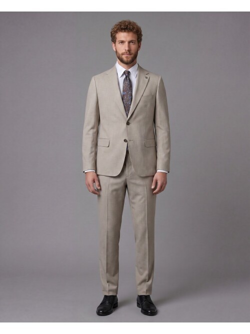 Açık Kahverengi Mono Yaka Comfort Fit 2 Düğmeli Takım Elbise