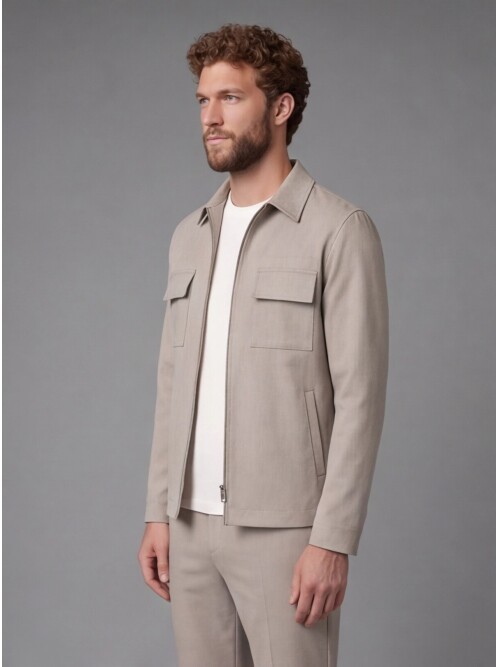 Light Brown Safari Pocket Zippered Sport Suit