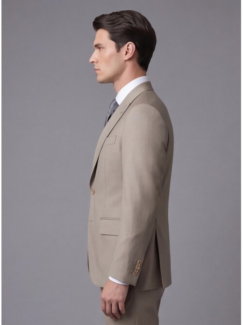 Açık Kahverengi Yünlü Sivri Yaka Comfort Fit Takım Elbise