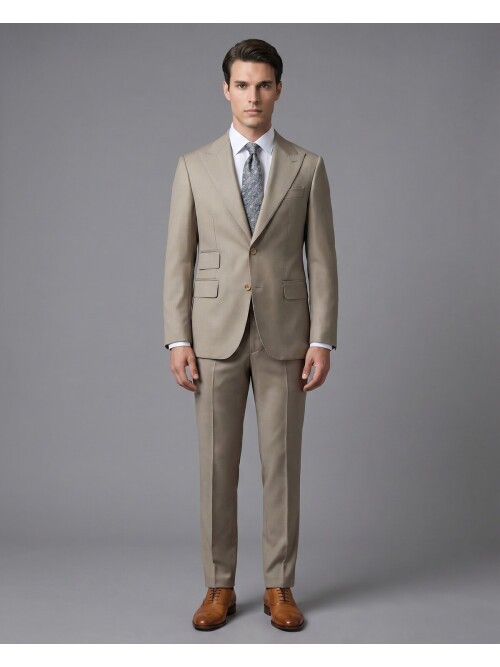 Açık Kahverengi Yünlü Sivri Yaka Comfort Fit Takım Elbise