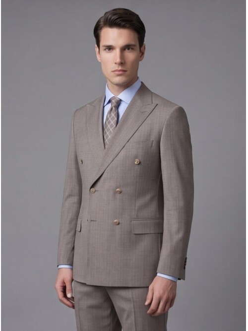 Light Brown Wool Peak Lapel Double-Breasted Regular Fit 6-Button Suit