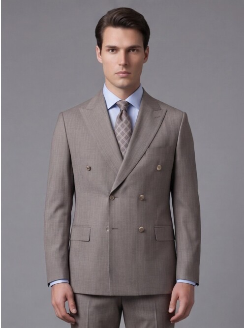 Light Brown Wool Peak Lapel Double-Breasted Regular Fit 6-Button Suit