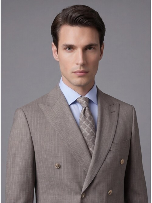 Light Brown Wool Peak Lapel Double-Breasted Regular Fit 6-Button Suit
