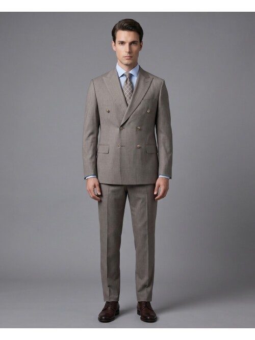 Light Brown Wool Peak Lapel Double-Breasted Regular Fit 6-Button Suit