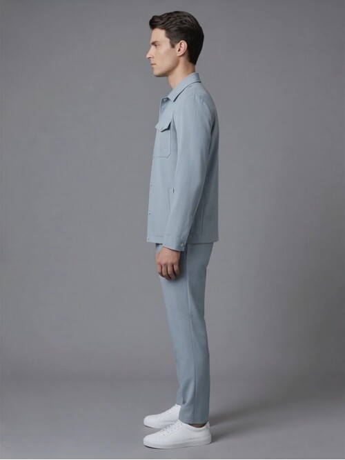 Light Blue Comfort Fit Shirt Collar Safari Pocket Sporty Suit