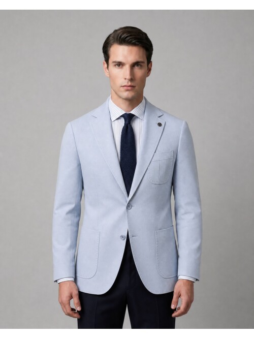 Light Blue Notch Lapel Pleated Patch Pocket Blazer