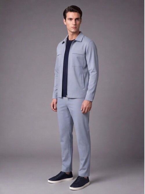 Light Blue Safari Pocket Comfort Fit Zip-Up Sporty Suit