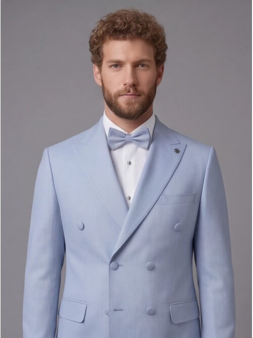 Light Blue Peak Lapel Double-Breasted Blazer & White Trousers Combination Suit