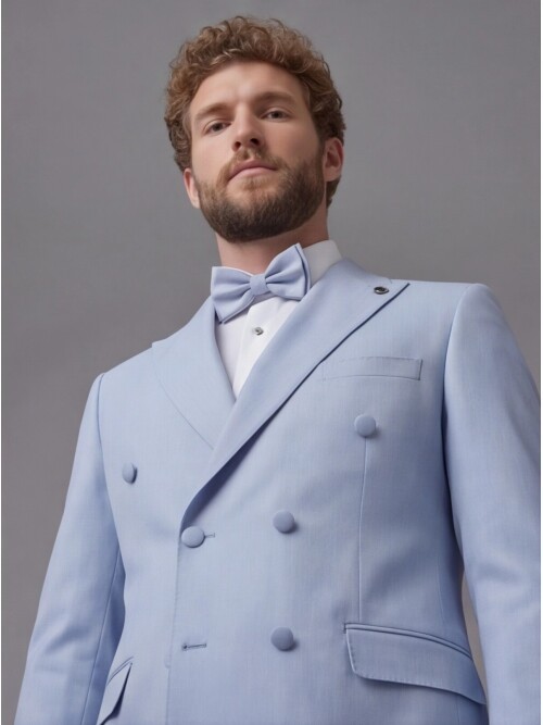 Light Blue Peak Lapel Double-Breasted Blazer & White Trousers Combination Suit