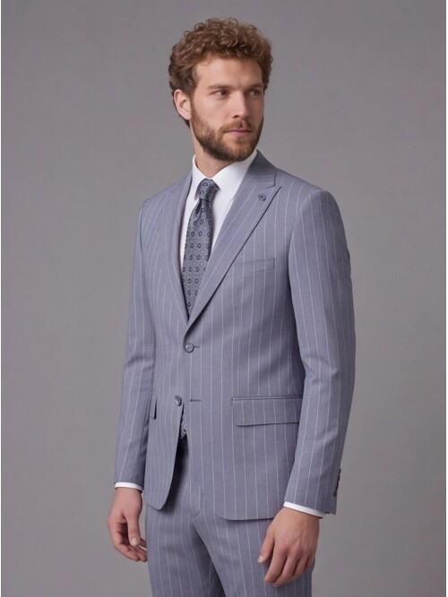 Açık Mavi Sivri Yaka Slim Fit Çizgili Takım Elbise