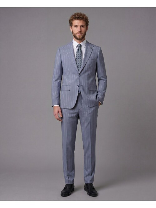 Açık Mavi Sivri Yaka Slim Fit Çizgili Takım Elbise