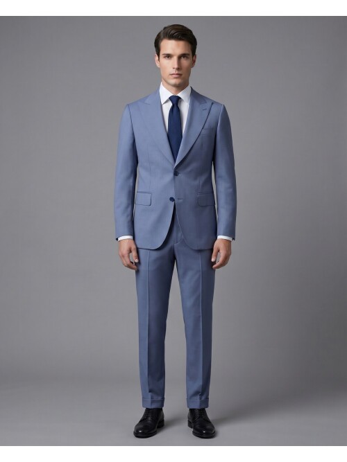 Açık Mavi Yünlü Sivri Yaka Comfort Fit Takım Elbise