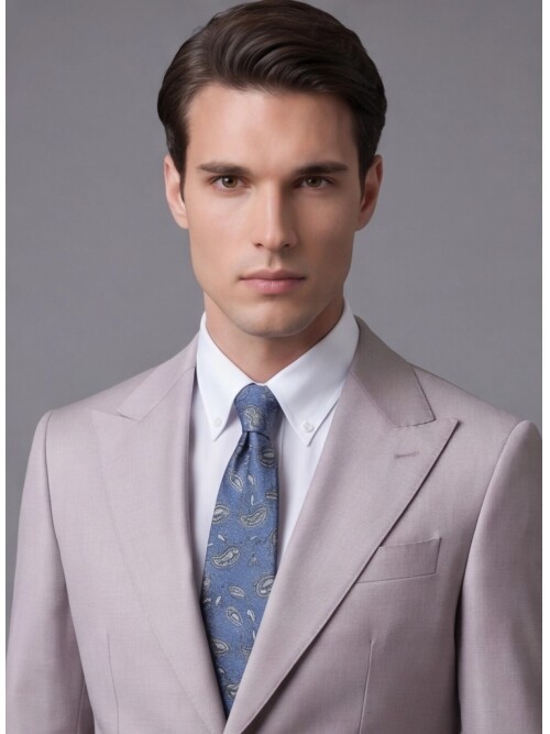 Açık Pembe Yünlü Sivri Yaka Comfort Fit Takım Elbise