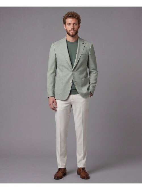 Açık Yeşil Ceket Bej Pantolon Kombinli Slim Fit Takım Elbise