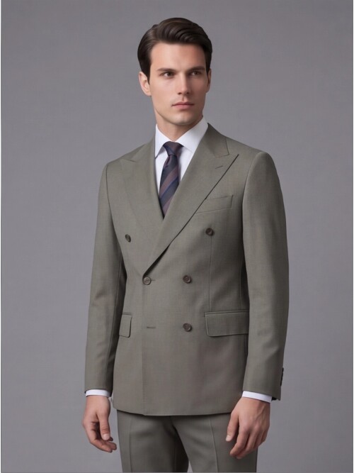 Açık Yeşil Yünlü Sivri Yaka Kruvaze Comfort Fit Takım Elbise