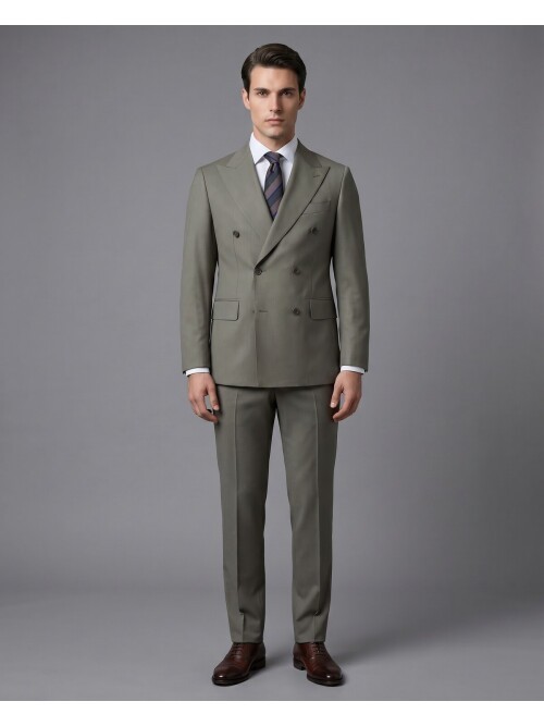 Açık Yeşil Yünlü Sivri Yaka Kruvaze Comfort Fit Takım Elbise