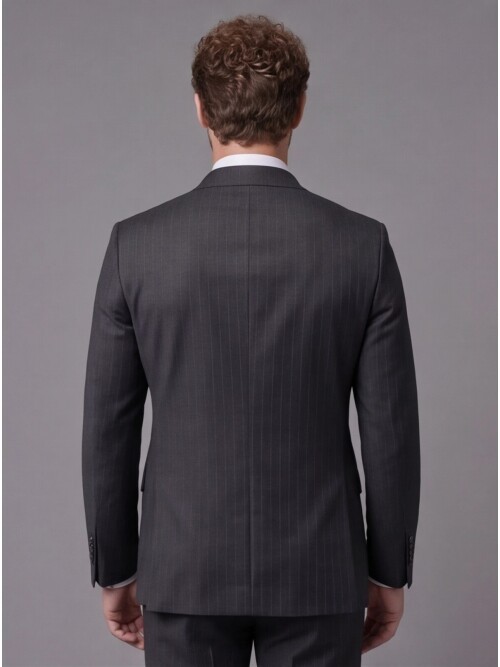 Antrasit Çizgili Yünlü Mono Yaka Comfort Fit Takım Elbise