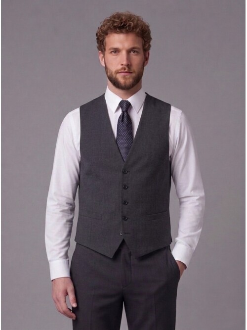 Antrasit Sivri Yaka Çift Düğmeli Slim Fit Yelekli Takım Elbise