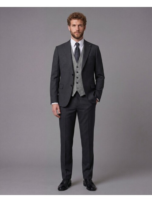 Antrasit Sivri Yaka Çift Düğmeli Slim Fit Yelekli Takım Elbise