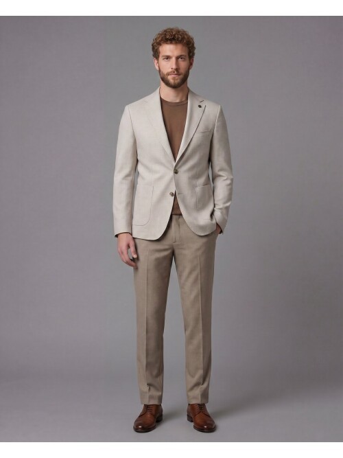 Bej Ceket Açık Kahverengi Pantolon Kombinli Slim Fit Takım Elbise