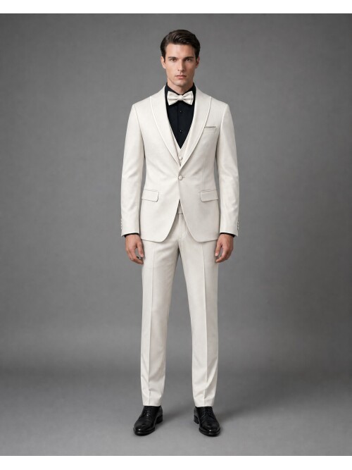 Beige Slim-Fit Single-Button Grooms Suit with Peak Lapels