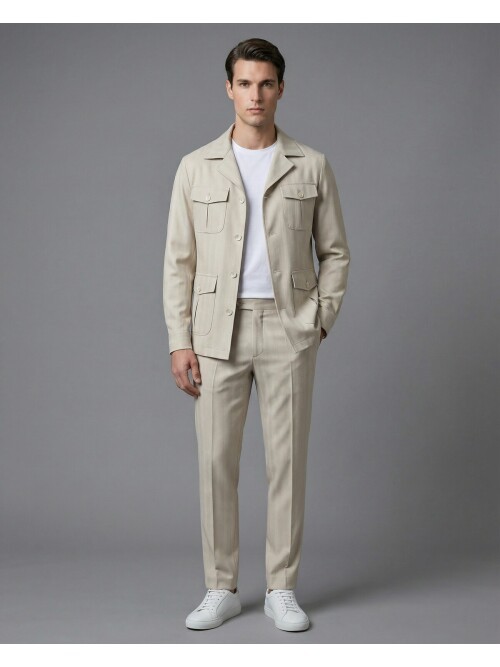 Beige Comfort Fit Unlined Safari Sport Suit