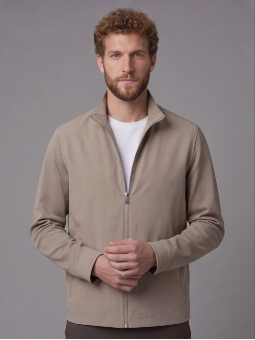 Bej Hakim Yaka Fermuarlı Comfort Fit Kısa Mont