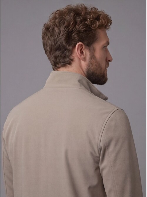 Bej Hakim Yaka Fermuarlı Comfort Fit Kısa Mont